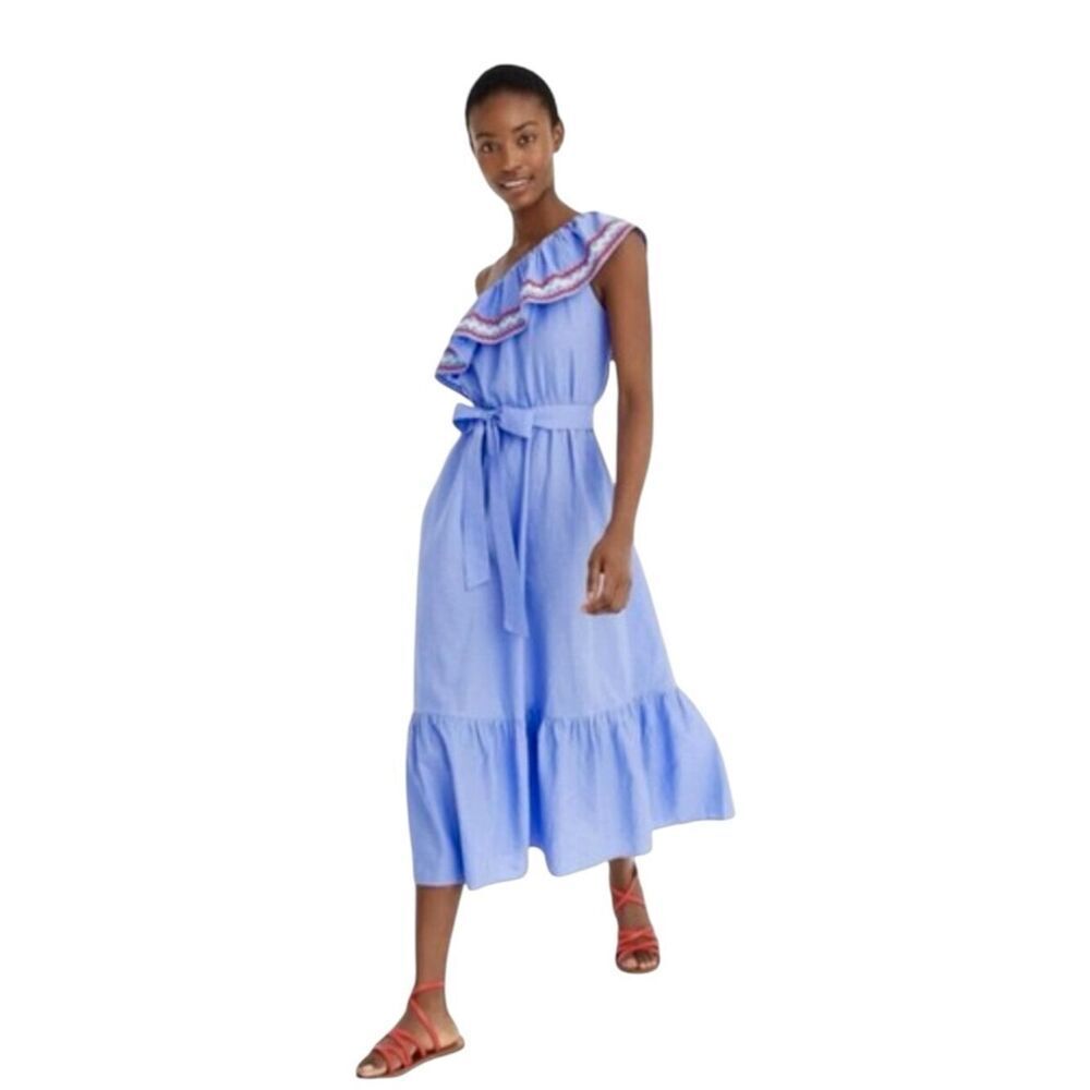 J.Crew Blue Linen Blend One Shoulder Ruffle Midi Dress Belted Coastal Summer XS